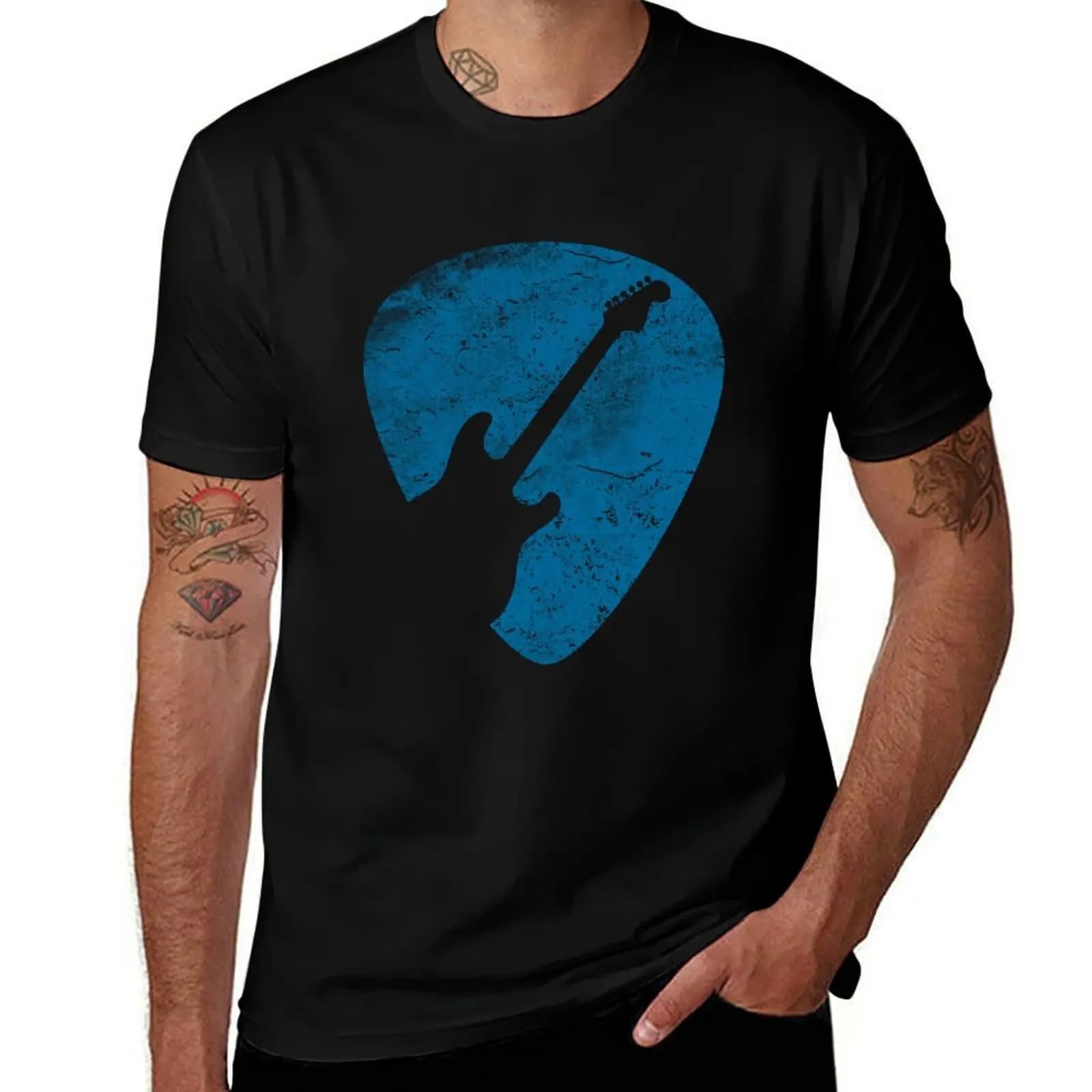 T-shirt con stampa chitarra elettrica, casual, basic, stile street