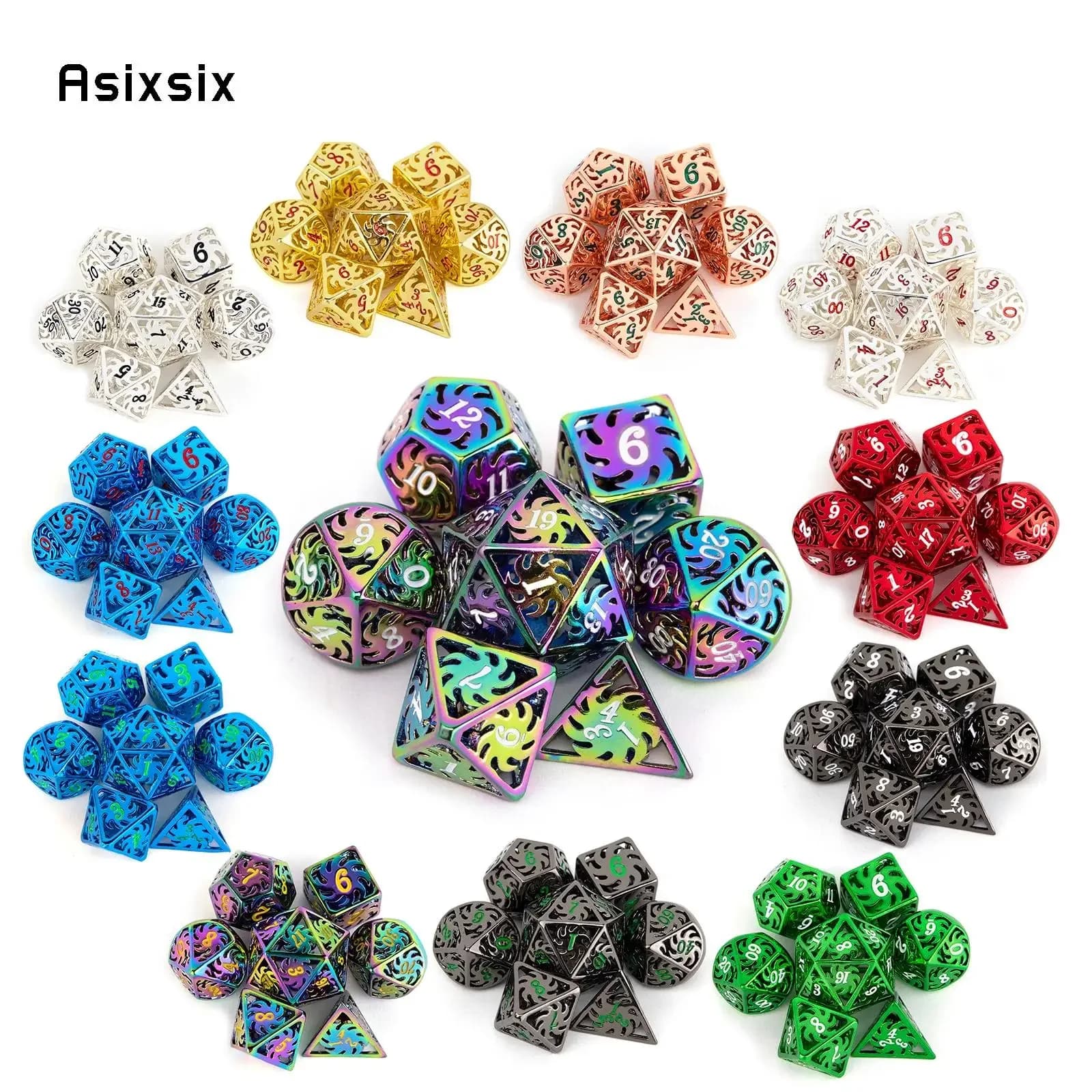 Set di 7 Dadi Metallici Poliedrici Cavi di Vari Colori a Forma di Mulino a Vento, Adatti per Giochi di Ruolo RPG e Giochi da Tavolo