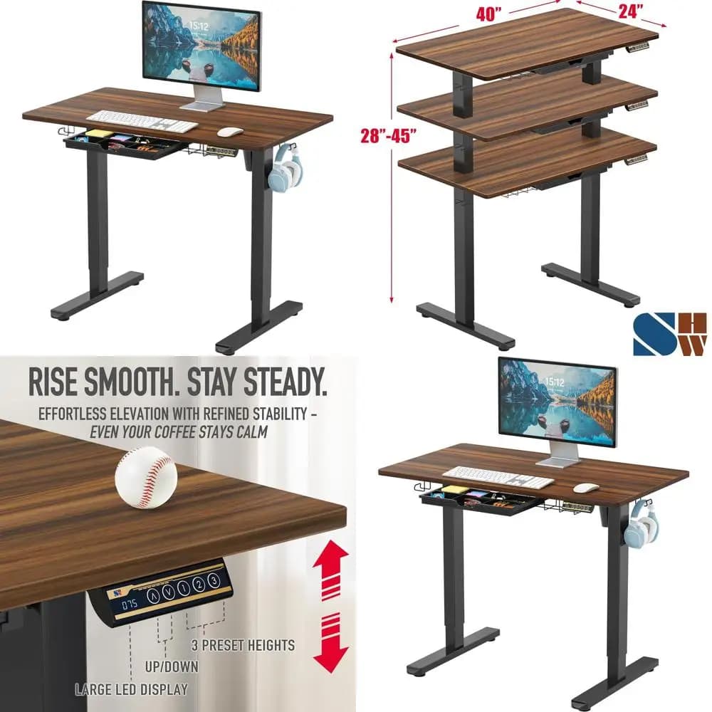 Scrivania elettrica regolabile Walnut 40 con cassetto, impostazioni di memoria e gestione dei cavi