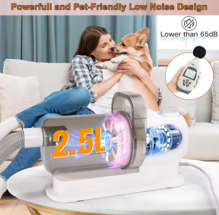 6 in 1 Low Noise Pet Grooming Vacuum Kit Powerful Hair Suction Clipper with 2.5L Large Bin for Dogs Cats Home Salon No Mess Groo