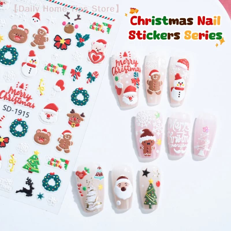 Natale adorabile cartone animato Bowknot Babbo Natale Pupazzo di neve Albero di Natale Alce Fiocco di neve Adesivi per nail art Decalcomanie per manicure carine di Natale