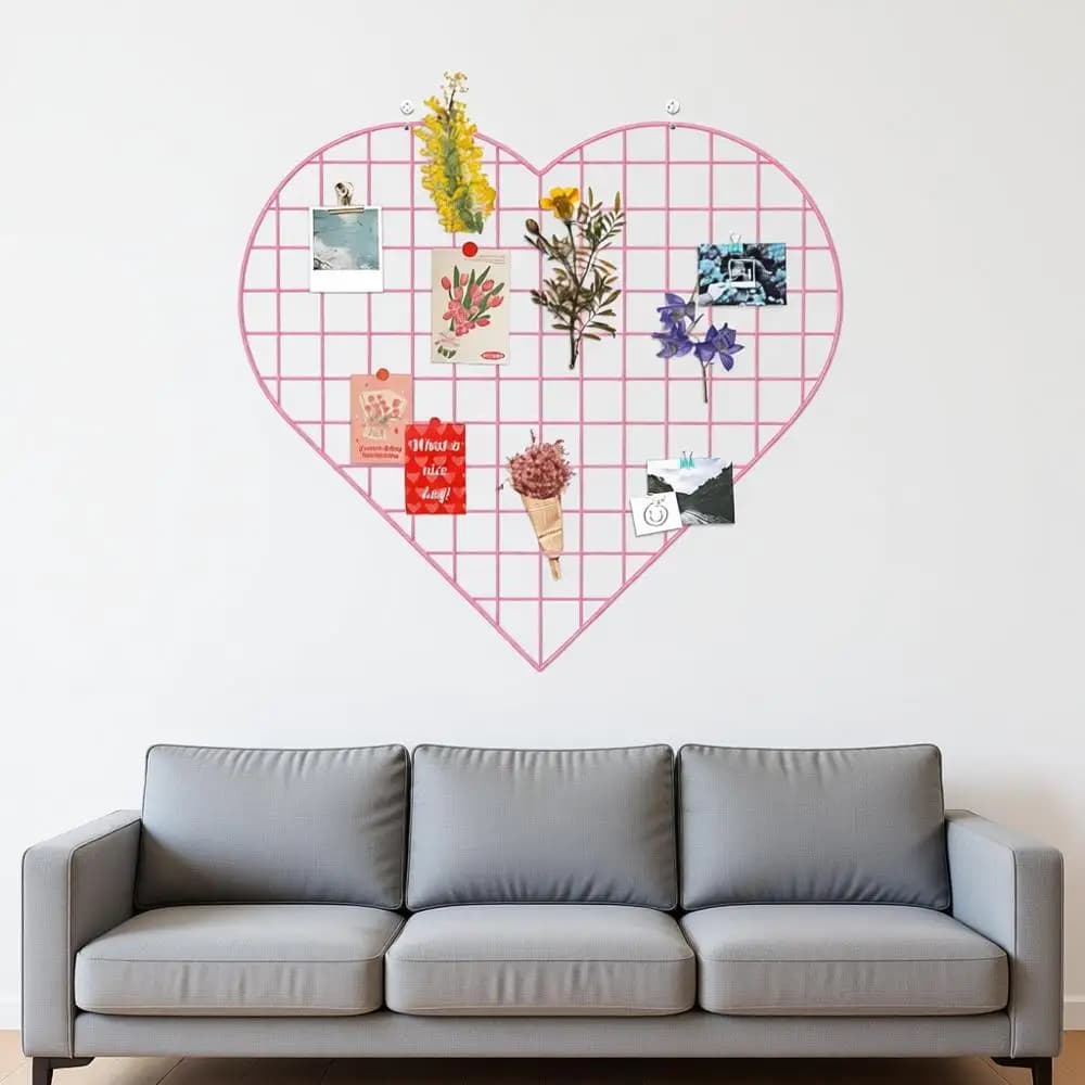 Pannello in Filo Metallico a Forma di Cuore, Organizzatore da Parete, Portafoto Fai-da-Te per Casa, Ufficio, Cucina, Camera da Letto, Regali di Natale - Rosa