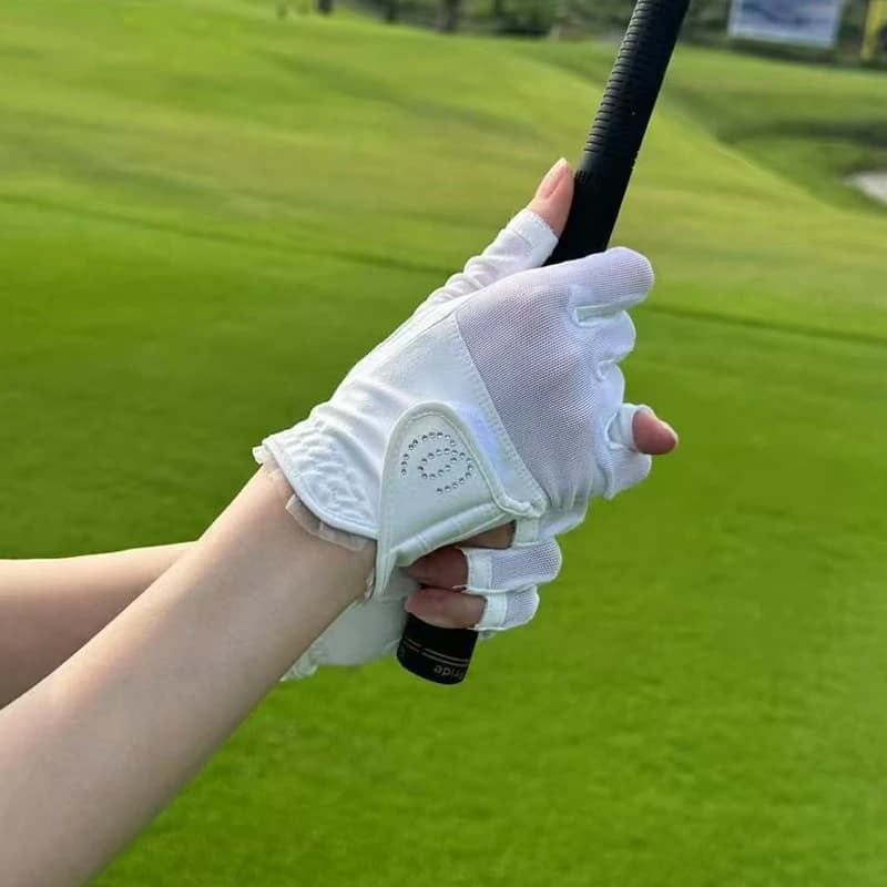 Guanti da golf da donna con dita scoperte, antiscivolo e resistenti all'usura, guanti da golf con protezione solare traspirante con volant in pizzo, mano sinistra e destra
