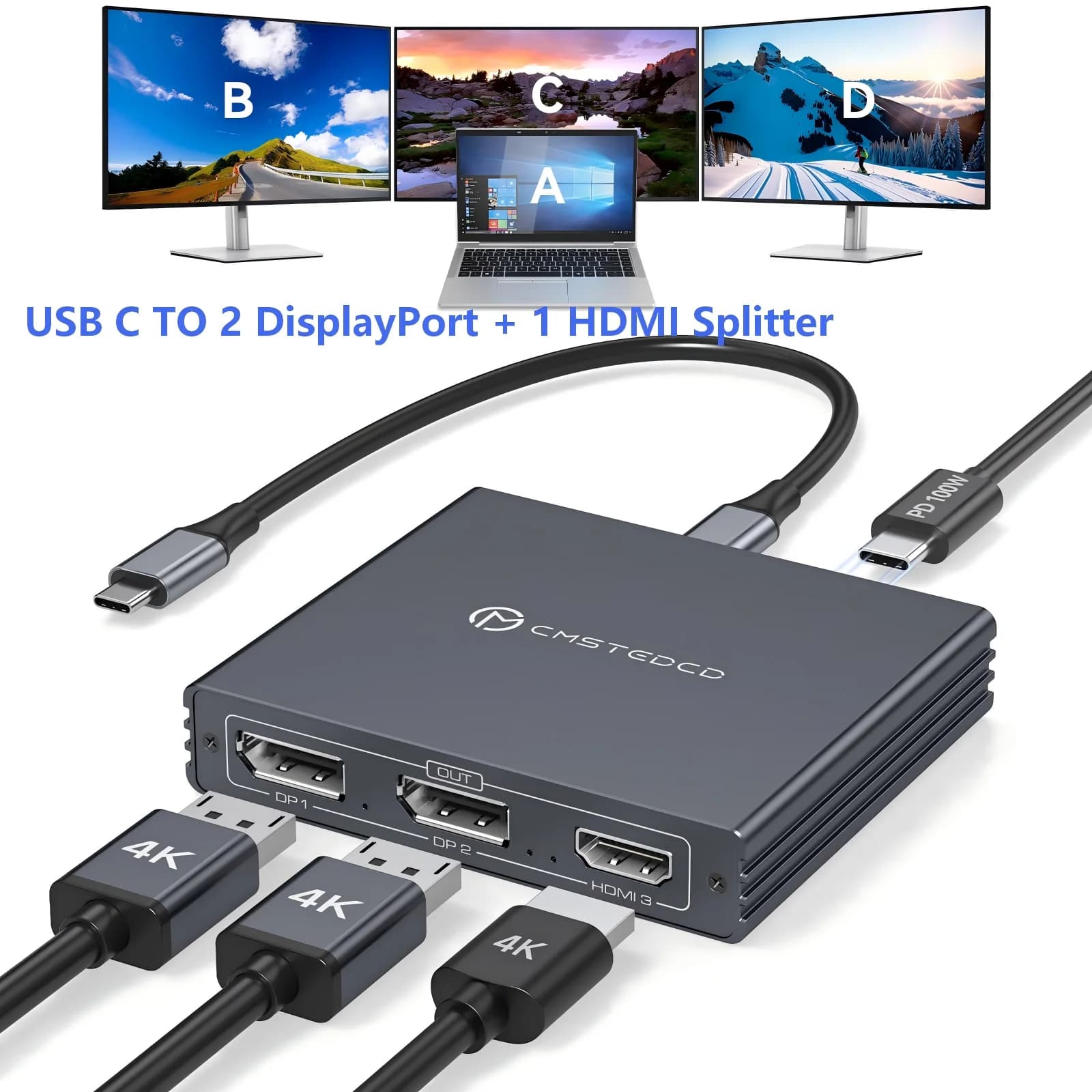 NUOVO adattatore da USB C a HDMI + Displayport 3 monitor Splitter HDMI DP 4K60Hz 1 ingresso 3 uscite per display esteso con ricarica PD 100W
