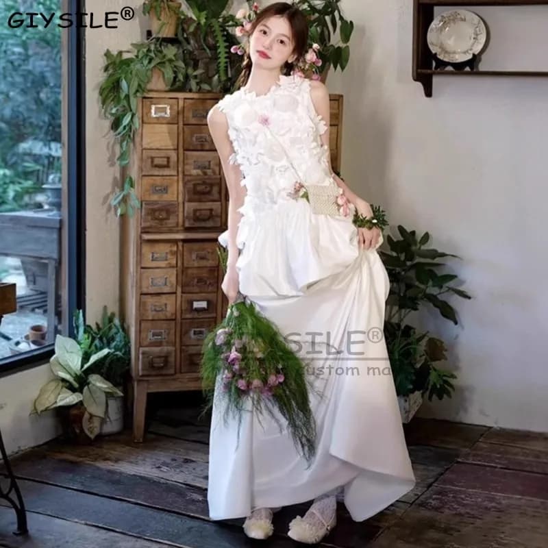 GIYSILE Abito da sposa bianco dolce leggero personalizzato Temperamento floreale Super fata Gonna a trapezio senza maniche Formale da donna elegante