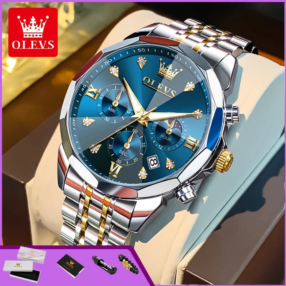 OLEVS 3670 Multifunctional Mens Watch Chronograph Business Waterproof Moon Phase Calendar Classic Quartz Wristwatch for Man