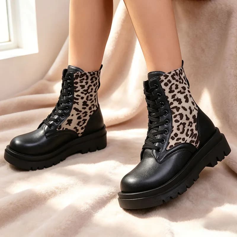 Leopard Print Black Platform Ankle Boots Women 2026 Autumn Pu Leather Thick Sole Short Boots Woman Lace Up Motorcycle Shoes