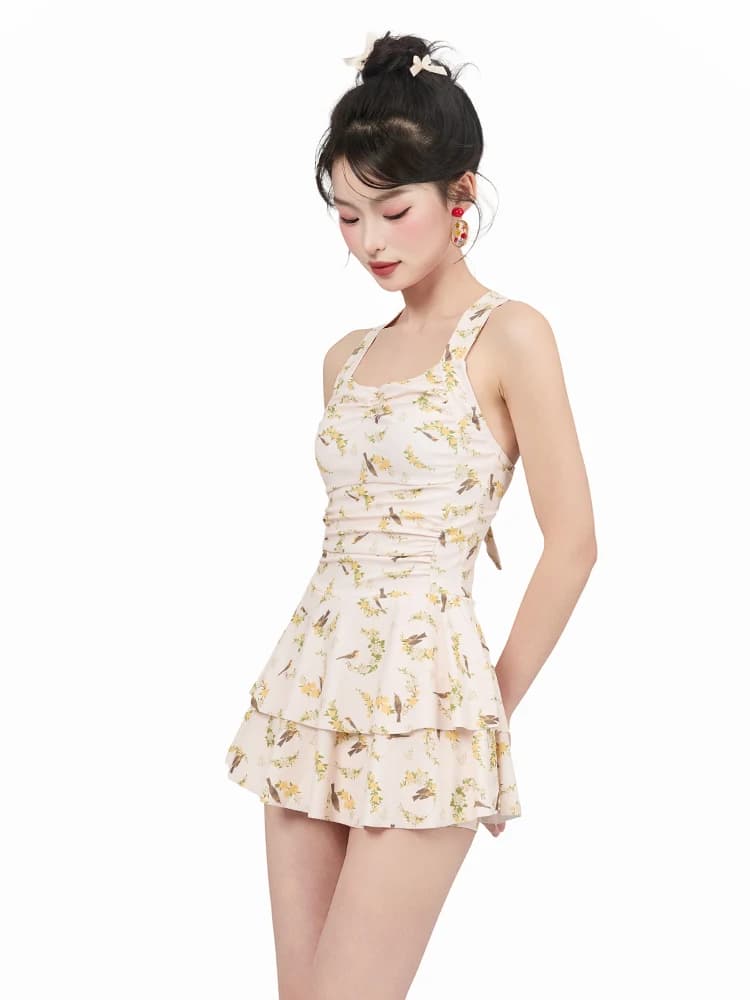 Costume da bagno intero da donna con stampa floreale, copricostume a gonna, sexy, estivo, da spiaggia, con schiena incrociata, senza maniche