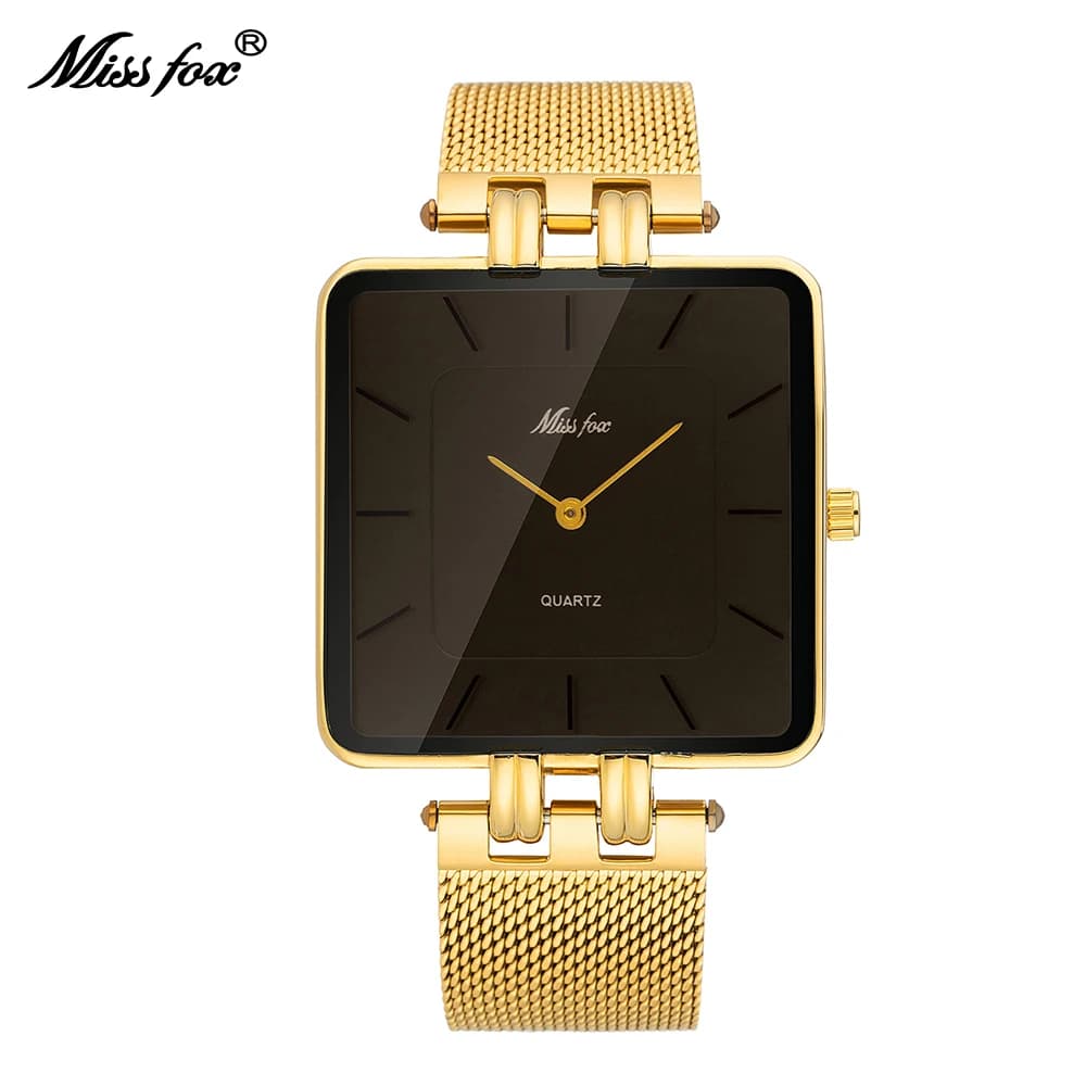 MISSFOX Square Quartz Watch For Men Gold Alloy Mesh Strap Ultra Thin Business Wristwatch Minimalist Waterproof Dress Male Clock Daily Gift