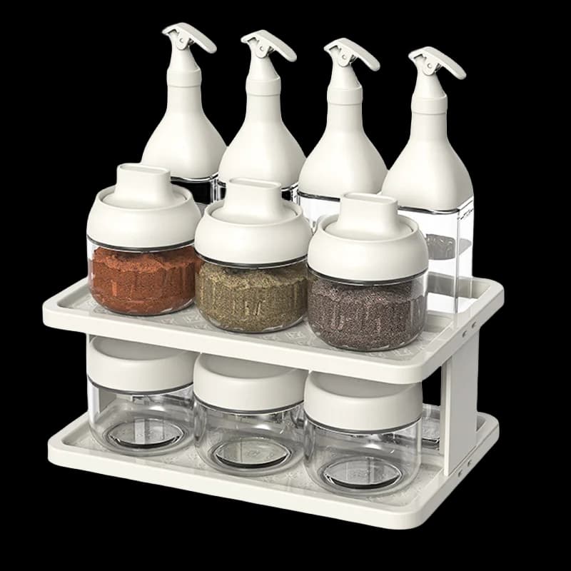 Set di Contenitori per Alimenti da Cucina in Plastica e Vetro con Portaspezie, Barattoli per Condimenti con Coperchio e Cucchiaio, Bottiglia Dispenser per Olio