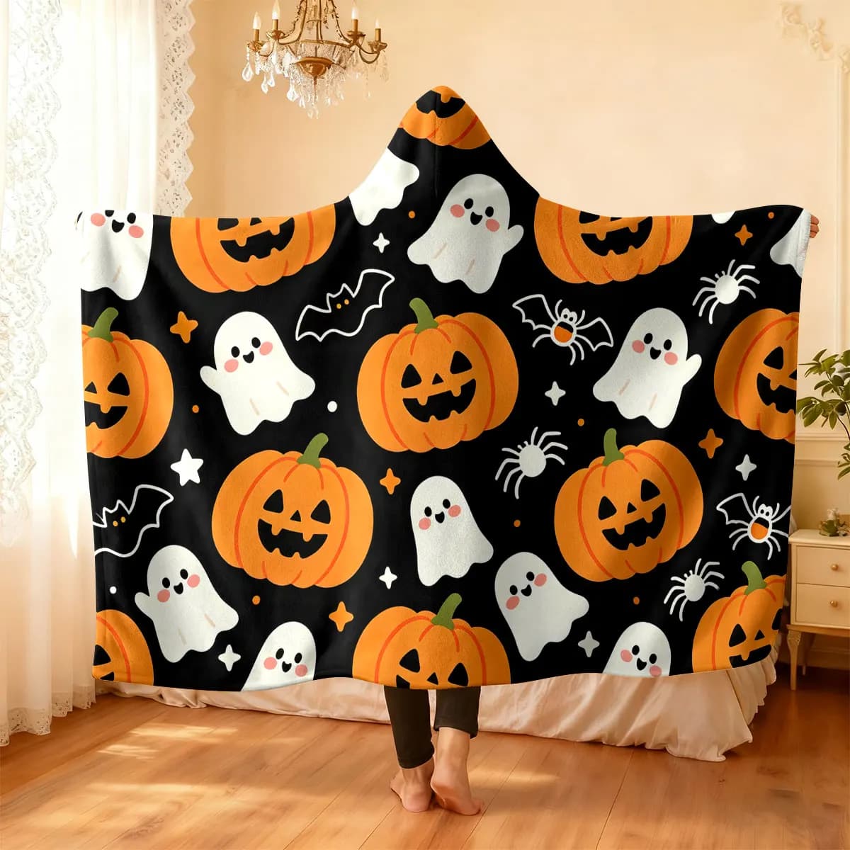 1pc Halloween pumpkin ghost bat spider print hooded blanket flannel hoodie cape blanket, soft and casual blanket