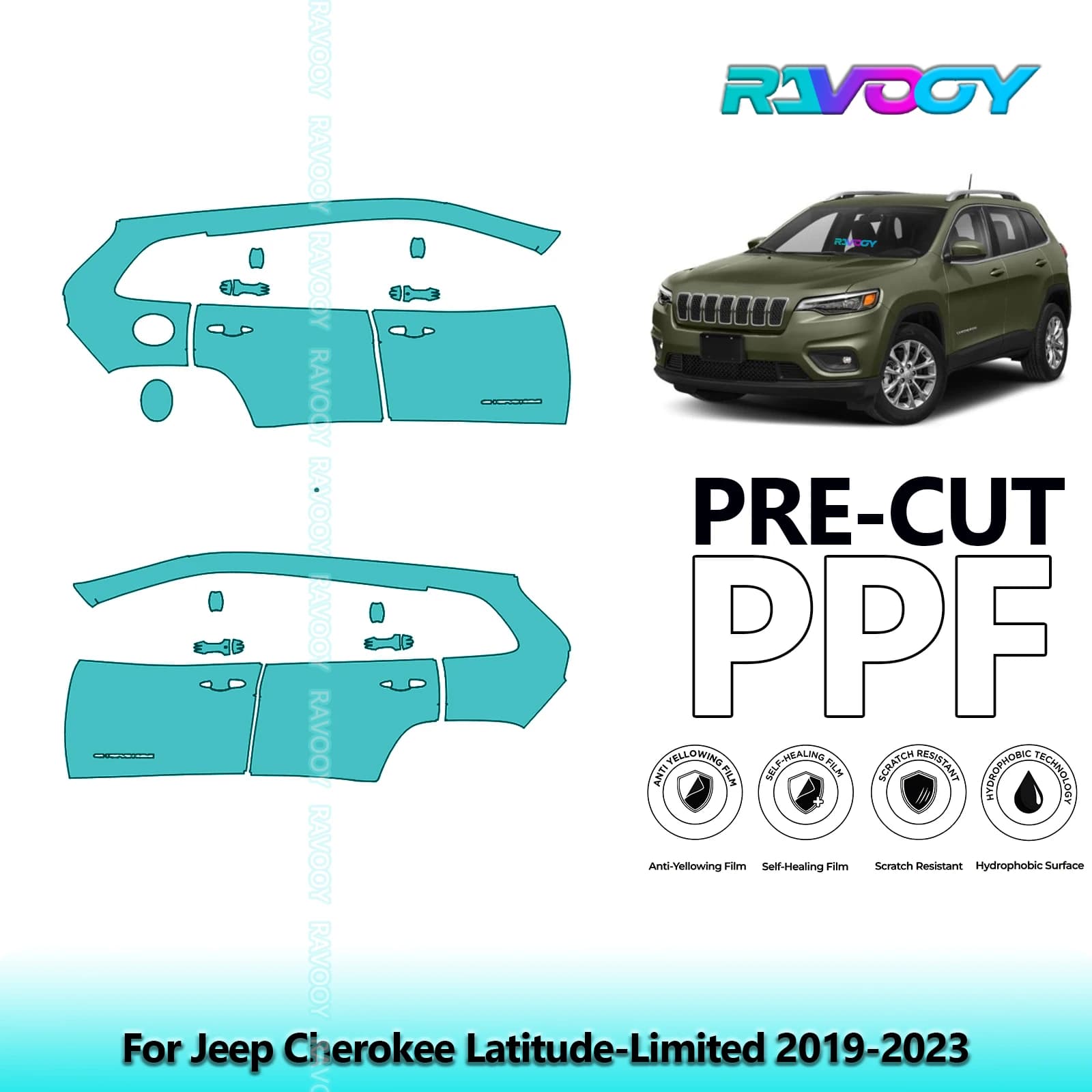 For Jeep Cherokee Latitude-Limited 2019-2023 8.5mil Transparent Opaque Pre-Cut PPF Door and Kit Pillar A/B Protection Film TPU