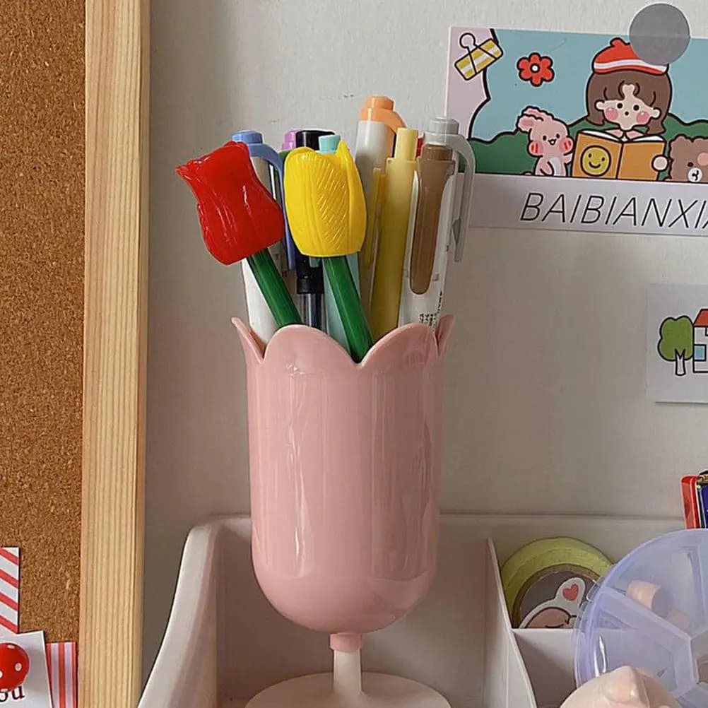 Portapenne a Forma di Tulipano Rosa, Organizzatore Creativo per Pennelli da Trucco, Contenitore in Plastica per Scrivania, Casa e Ufficio