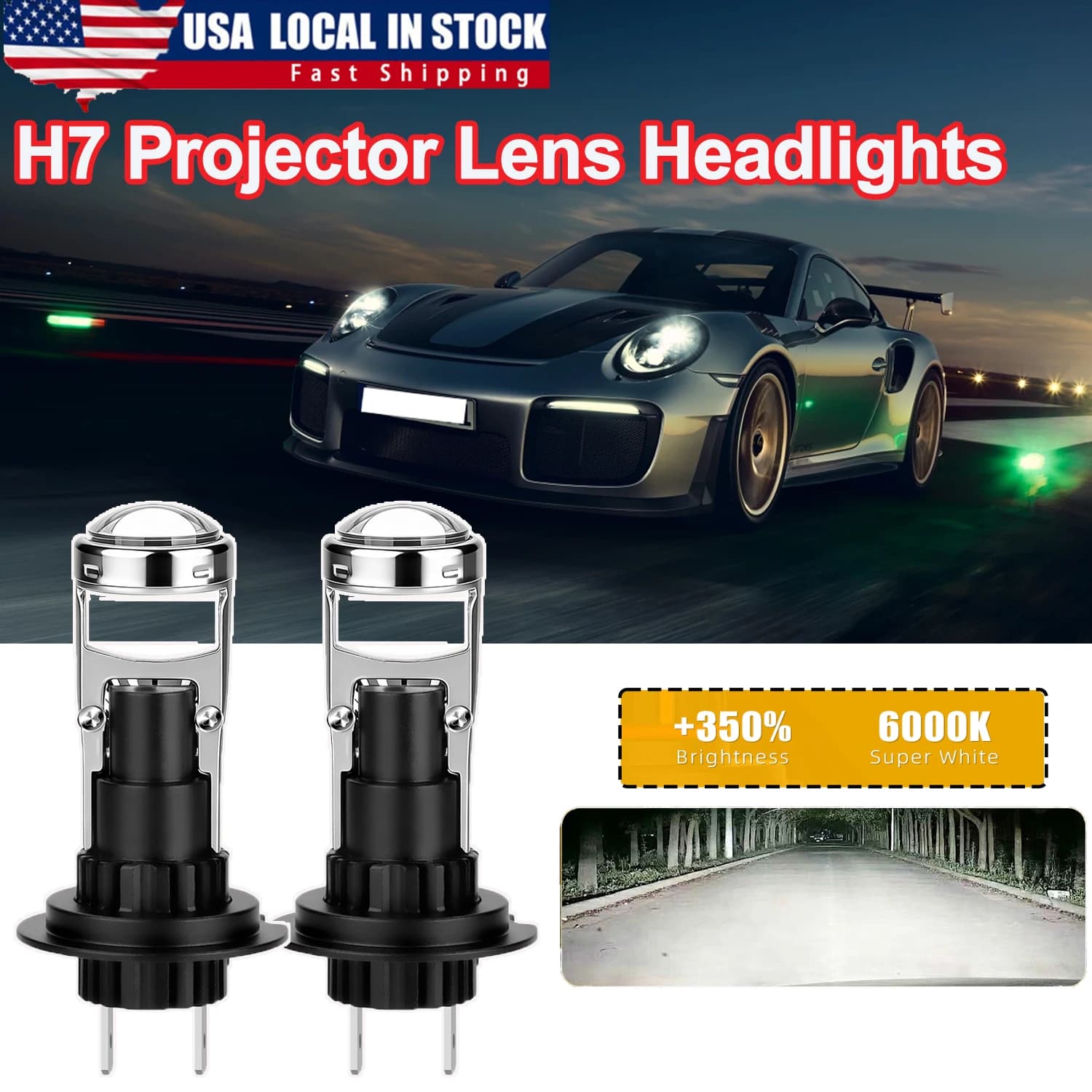 Roadsun 2PCS H7 Mini LED Projector Lens Headlight Bulbs Kit Super White 6000K Highlight 3570 CSP Chips Turbo Fan LED Lens Headlights Plug&Play