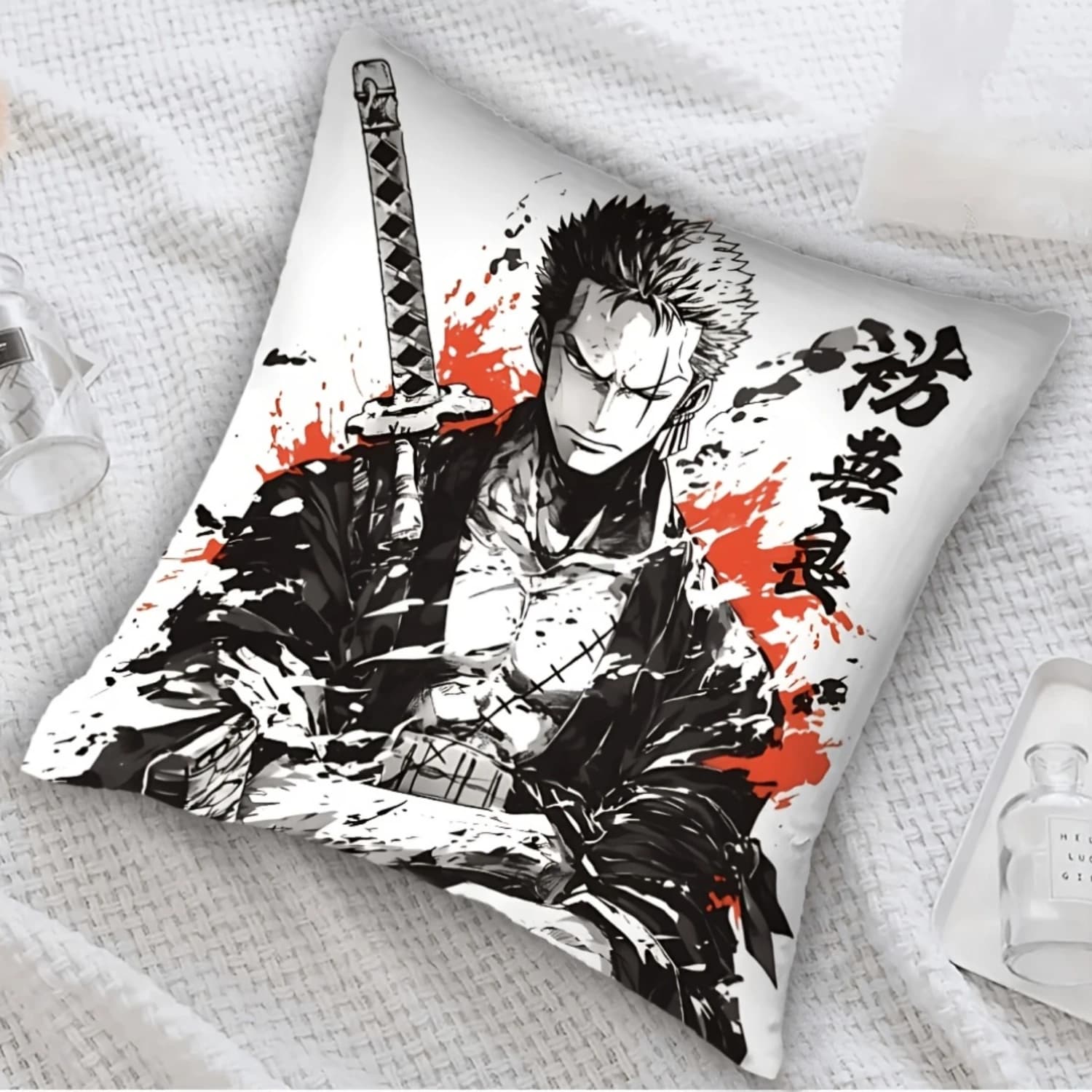 1-piece popular classic anime throw pillow cover, One Piece Roronoa Zoro Ink Wash Printed for office Sofa Living Room Home Decor