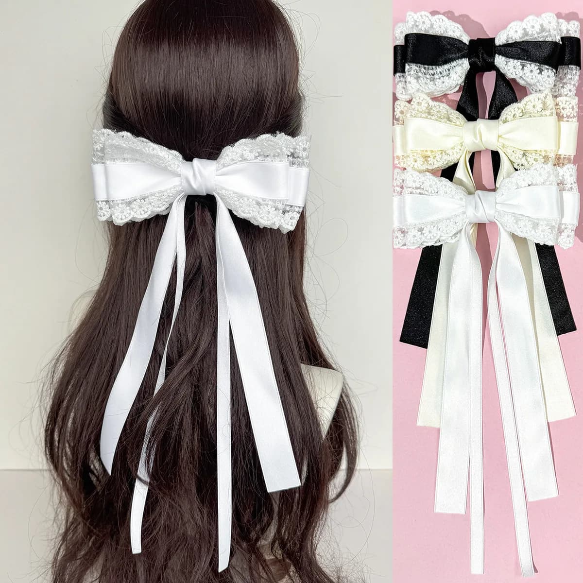 24pc White Black Lace Embroidered Hair Clips for Women And Girls with Long Tassel Bow Wedding Side Hairgrips Bulk Pack Hairpins