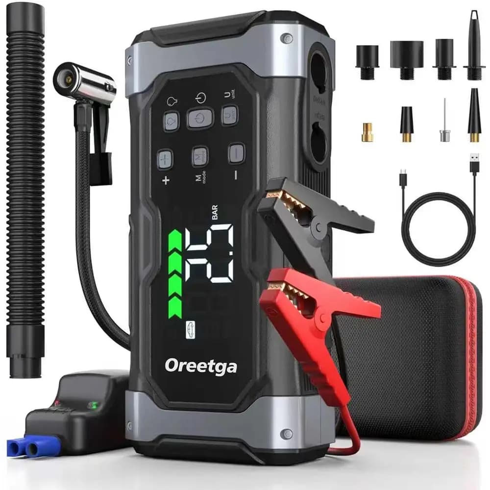 Avviatore d'Emergenza per Auto 9000A con Compressore d'Aria, Power Bank Portatile 9-in-1 per Veicoli a Benzina, Cavo Combo e Pompa d'Aria, Ampio Schermo LCD