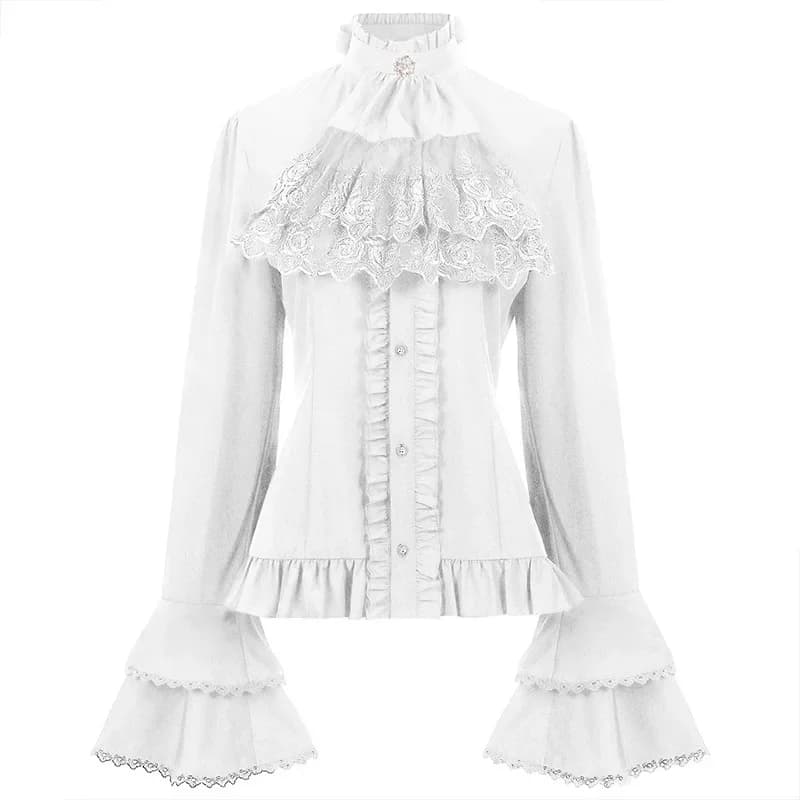 2025 Primavera Autunno Medievale Vintage Cos Colletto in piedi Camicia da ballo premium da donna, Camisas femminili Steampunk con vita francese