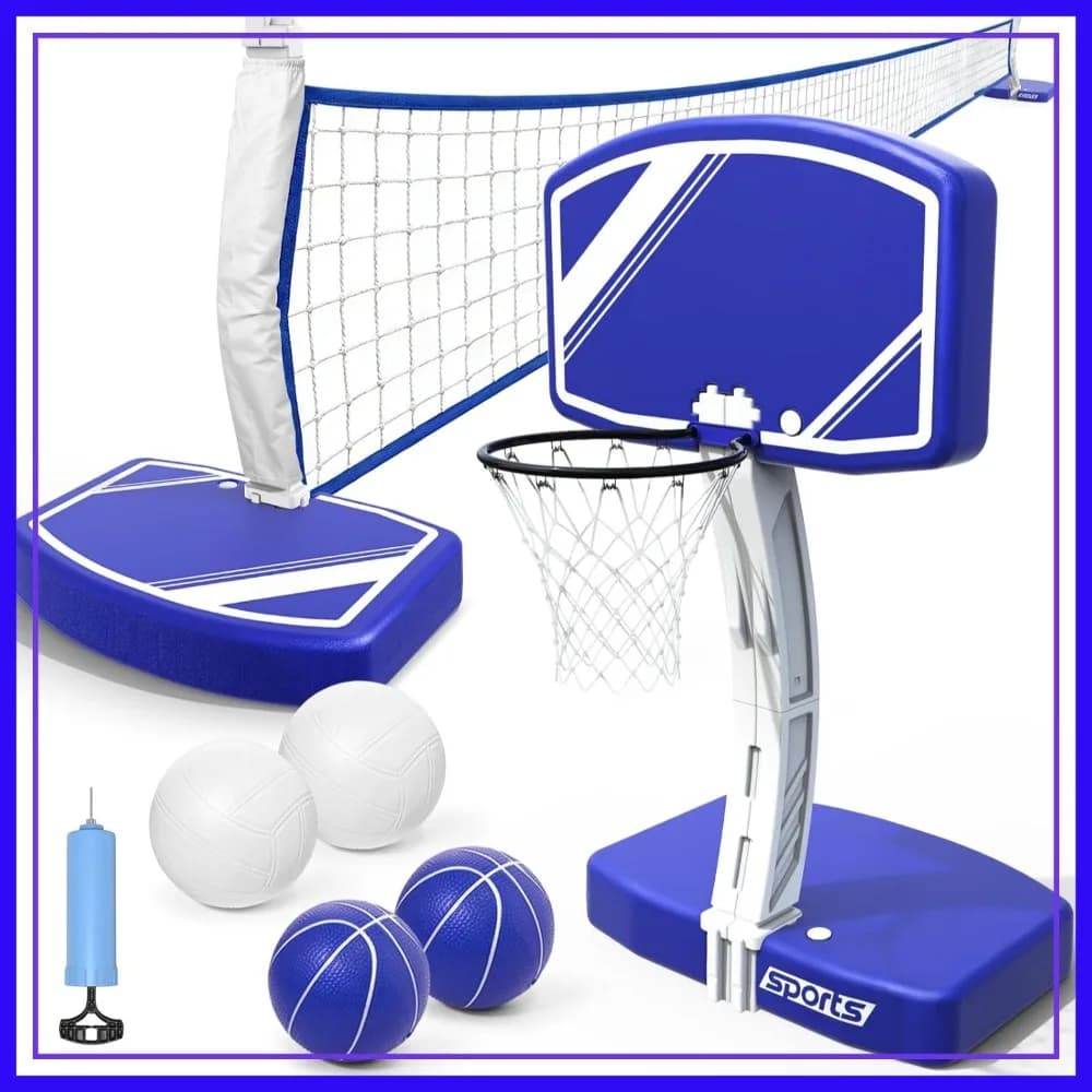 Set 2 in 1 Canestro da Basket e Rete da Pallavolo per Piscina con Base Pesante, 2 Palloni, Pompa, Giochi Estivi per Famiglie in Piscina