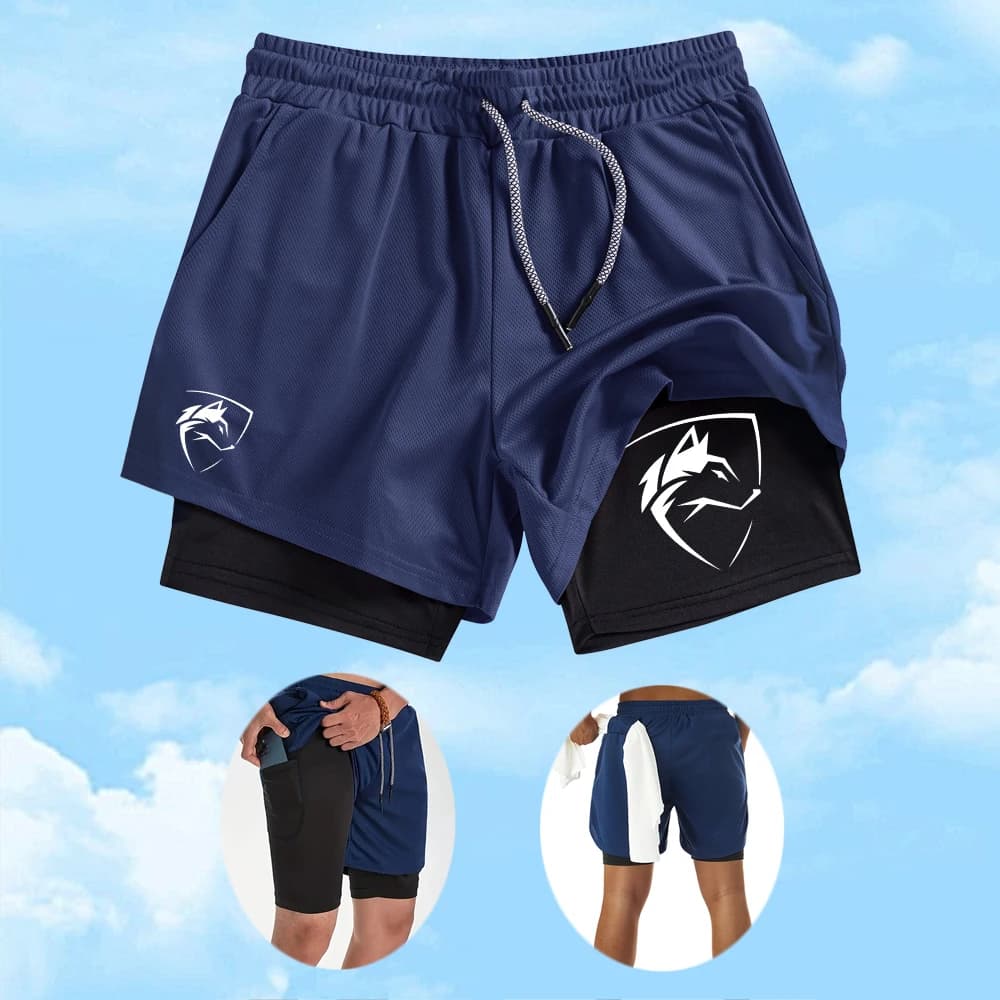 Men's Wolf Head Logo Print 2 In 1 Quick Dry Sports Shorts Drawstring Beach Shorts Summer Cycling Shorts With Inner Phone Pocket