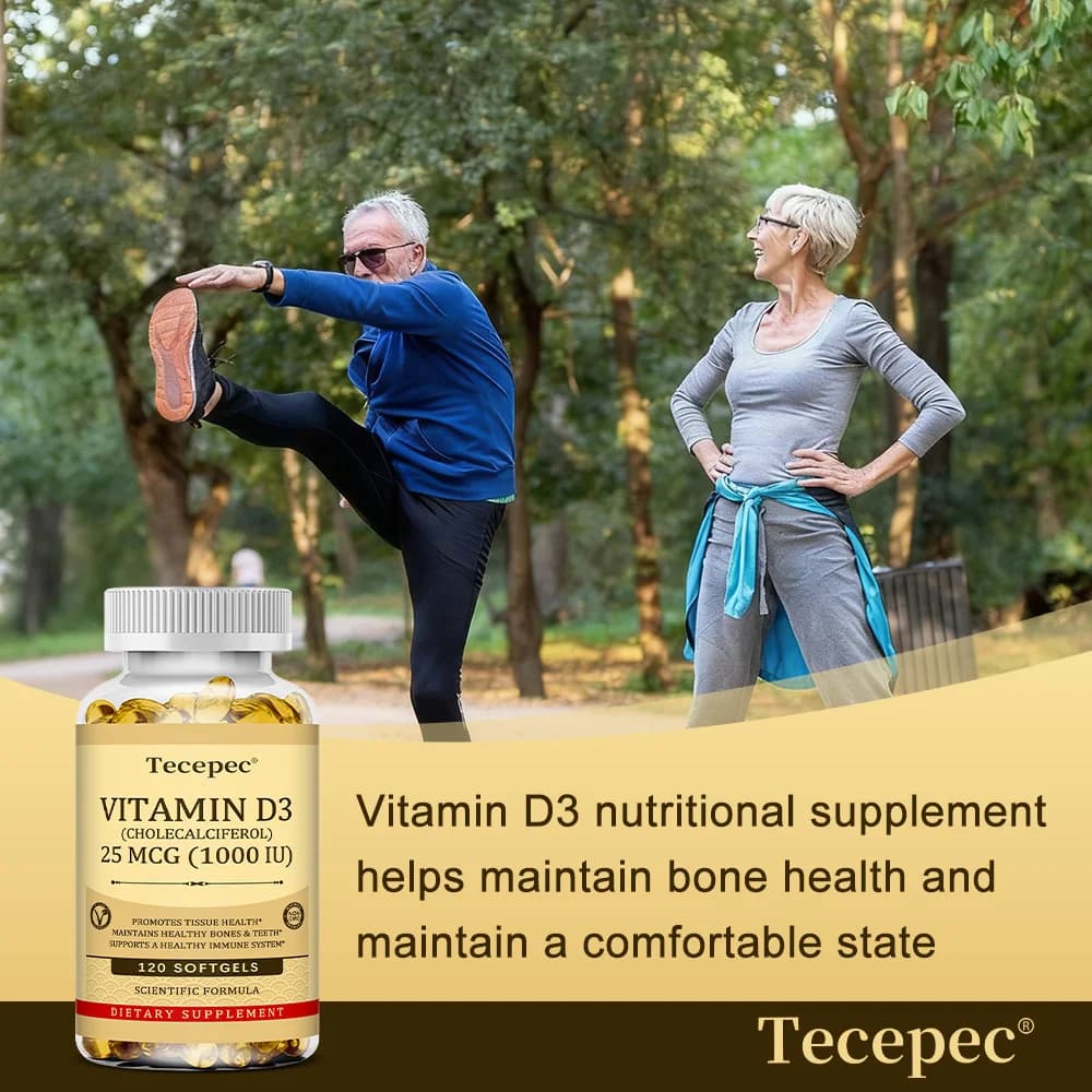 Integratore di vitamina D3, 1000 UI, supporta la funzione muscolare, la salute ossea e il supporto immunitario, non OGM, senza glutine, 120 capsule