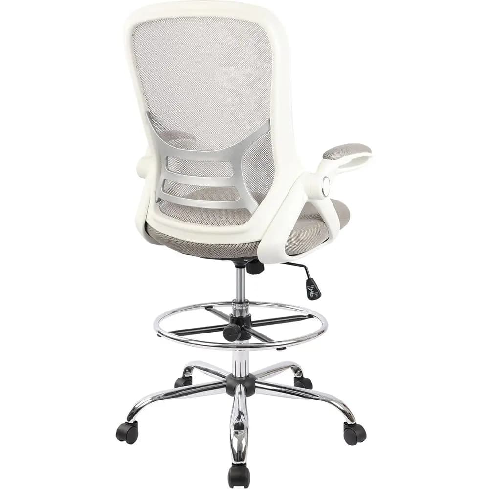 Adjustable Ergonomic High-Back Mesh Office Chair with Foot Ring and Flip-Up Arms, White & Grey