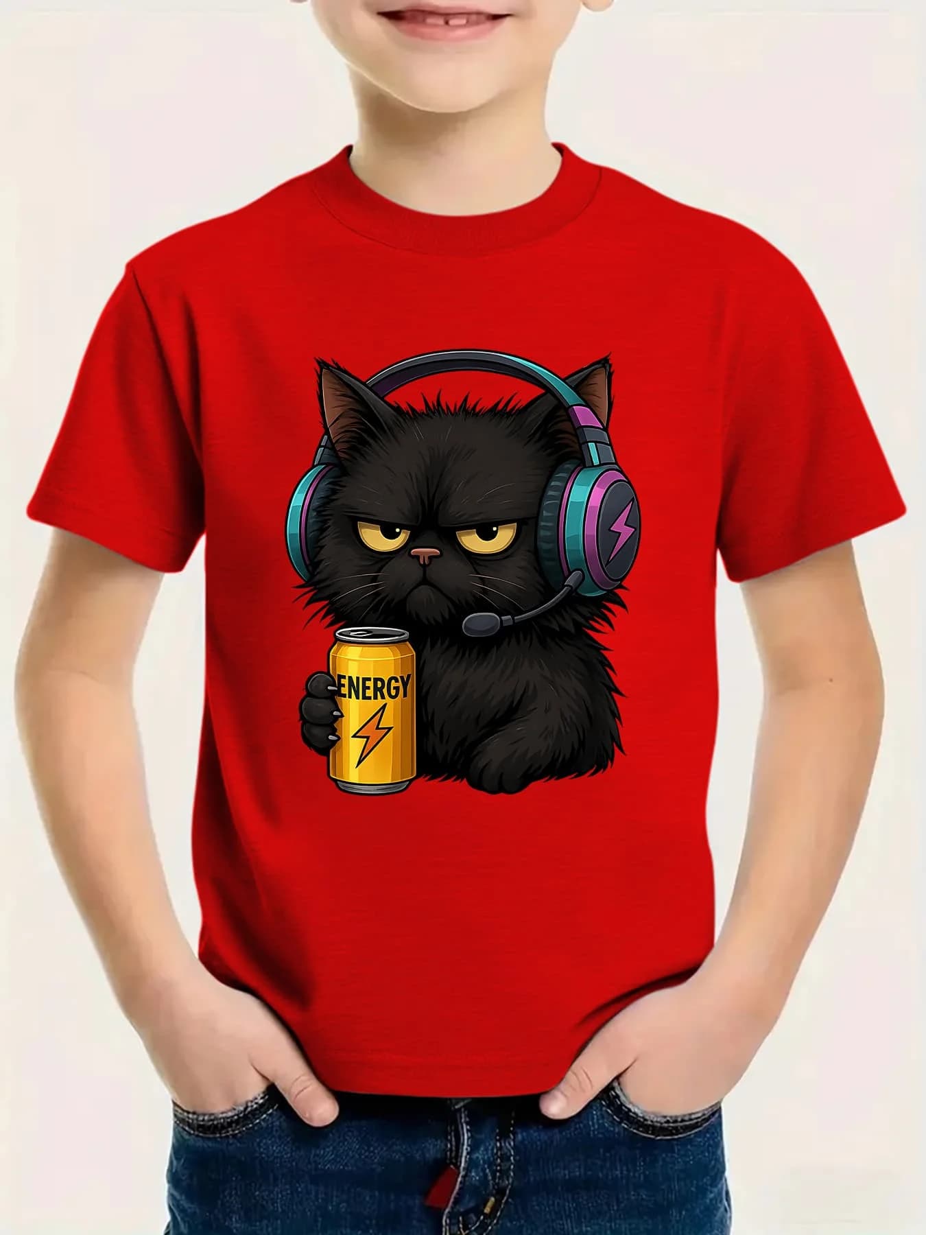 Grumpy Black Cat Gaming Headset Energy Drink Family Matching Cotton Tees Short Sleeve Tops For Mom Dad Boys Girls Daily Wear