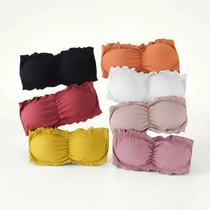 Women Soft Stretch Rib Strapless Bra Ruffle Edge Ruched Front Tube Top Adjustable Back Hook Daily Inner Top One Size Underwear