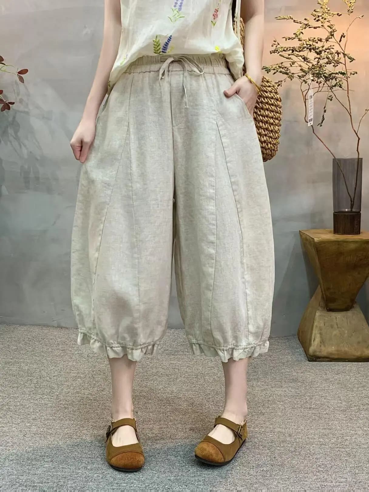 Casual Cotton Linen Women's Lantern Pants Belted Elastic Waist Wood Grain Seven-Foot Summer Slimming Straight Leg Trousers