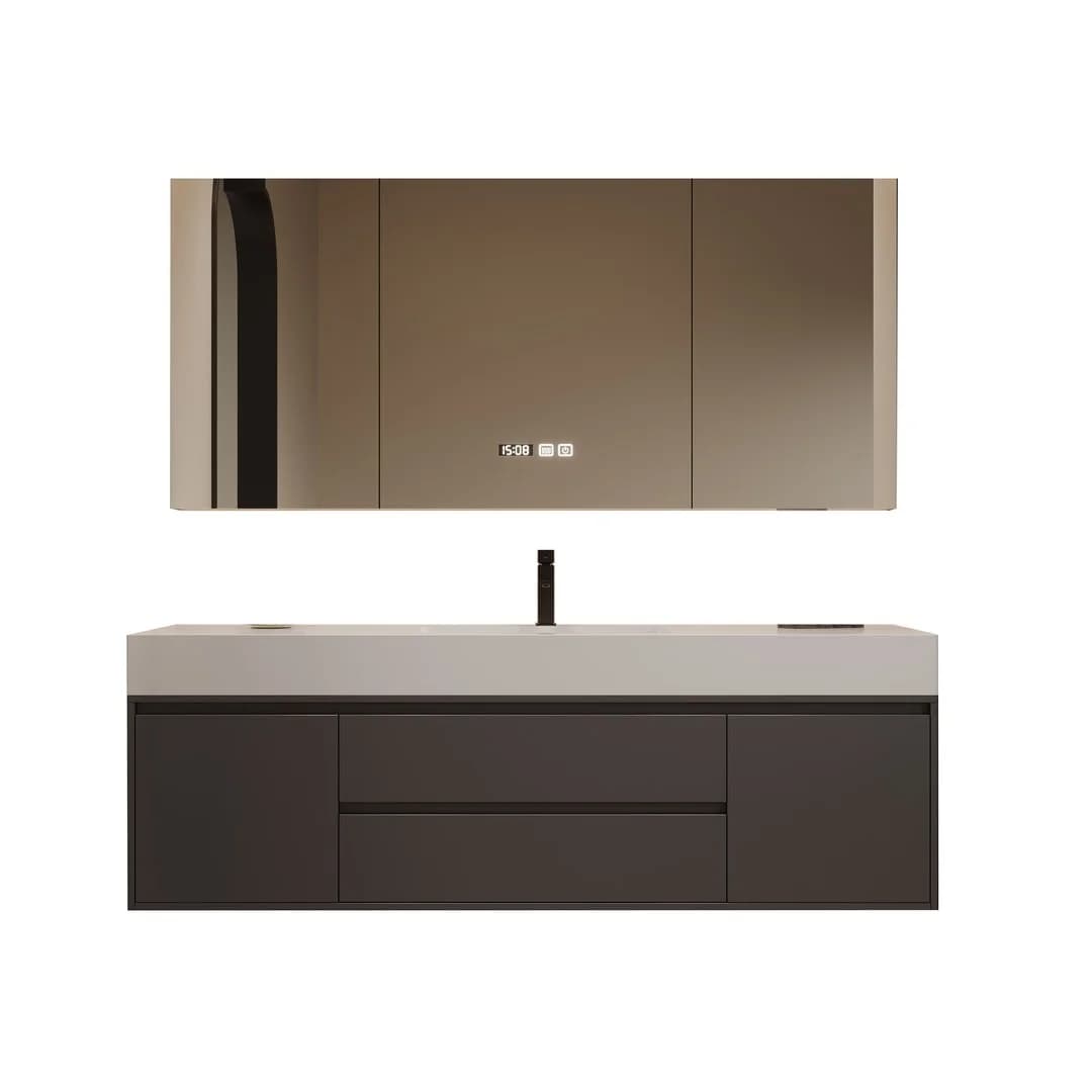 Mobile da Bagno in Legno Massello Stile Moderno Minimalista con Specchio Intelligente e Lavabo in Granito Senza Giunzioni per Appartamenti
