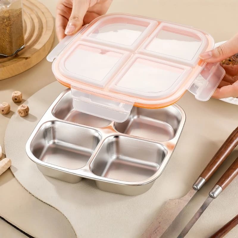 304 Stainless Steel Lunch Box, 600ml Bento Box with Lid Leakproof, Divided Food Container for Kids School Adult Meal Prep Office