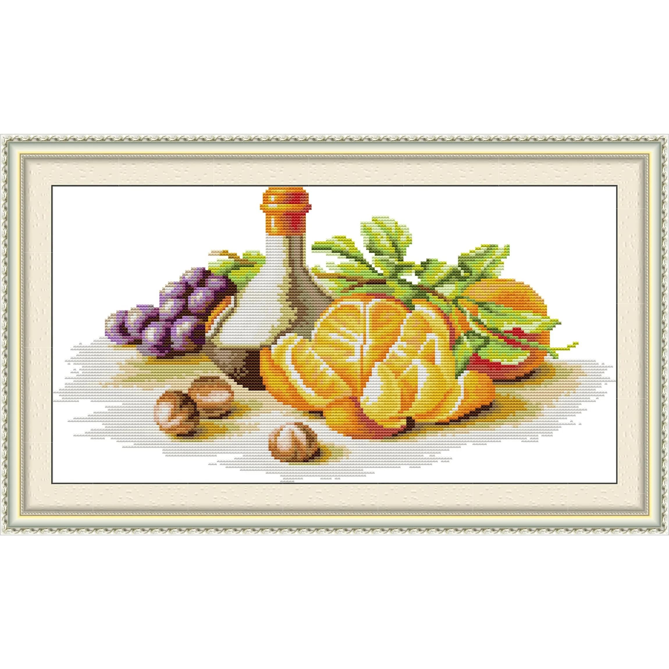 News Pre-Printed Cross Stitch Kit, Stamped Aida Fabric With DMC Threads, Embroidery Kit - Fruit And Wine