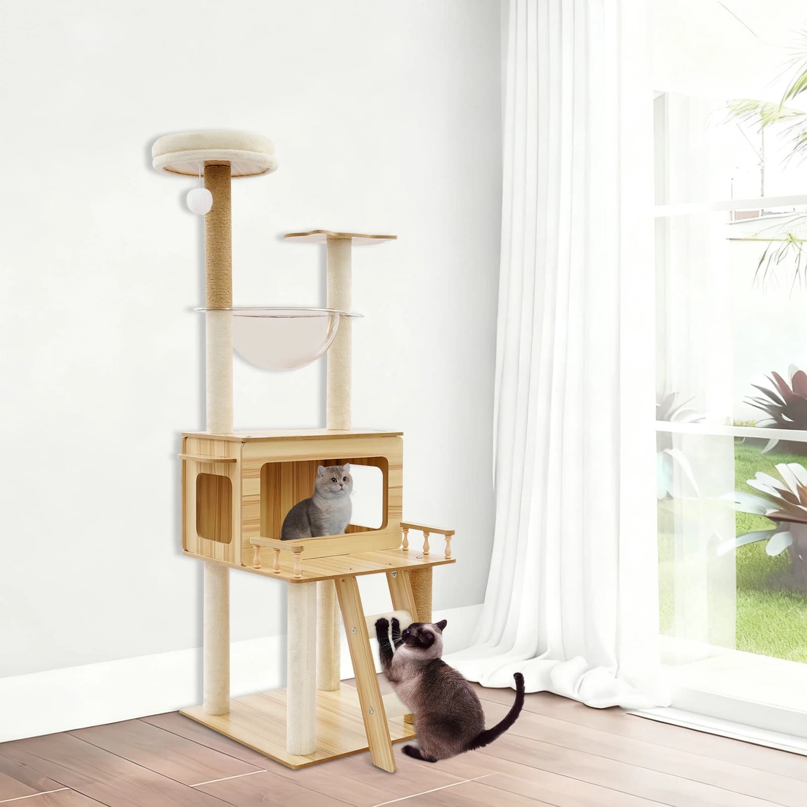 Albero per Gatti a 4 Livelli con Tiragraffi, Cuccia e Palla Giocattolo a Capsula - Centro di Gioco per 3-4 Gatti da Interno per Arrampicarsi, Riposare e Giocare