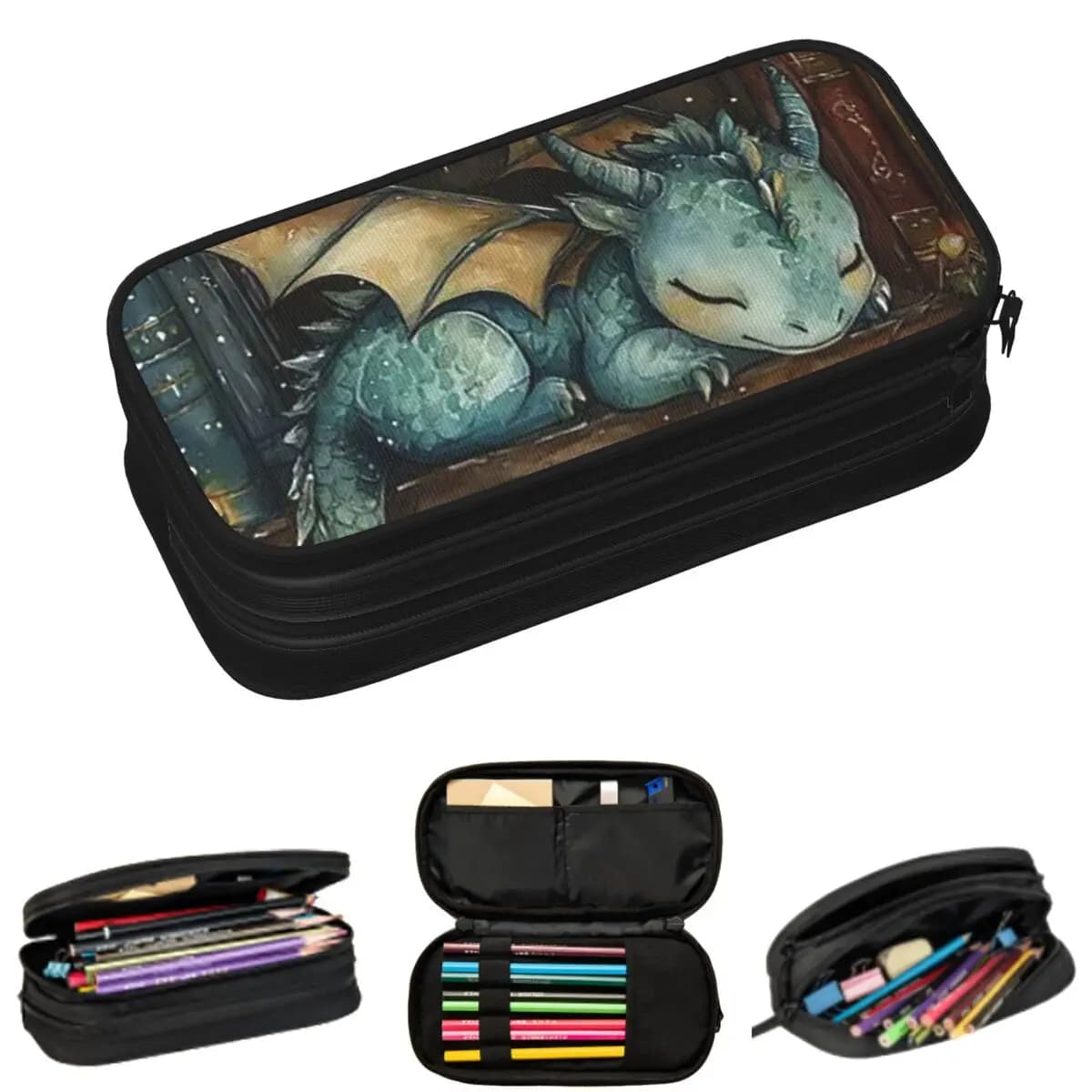 Astucci per matite Book And Sleeping Dragon per studenti, astuccio per penne, borsa per matite, astuccio per matite di grandi dimensioni