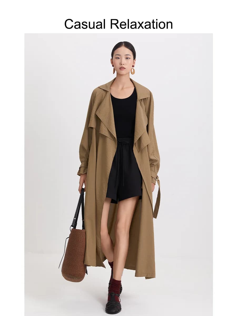 Giacca a vento da donna marrone chiaro primaverile autunnale, stile britannico, taglio dritto semplice, manica lunga, con cintura