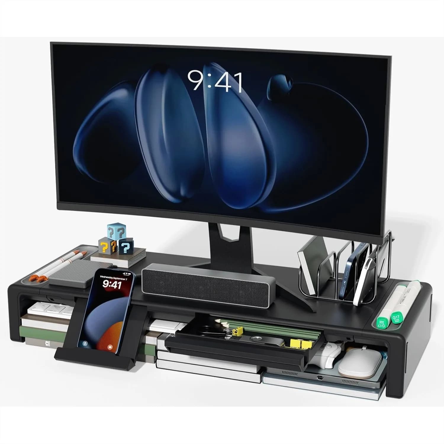 Supporto per Monitor, Stand Pieghevole Regolabile per Computer con Cassetto e Porta Telefono, Organizzatore da Scrivania Salvaspazio per Laptop
