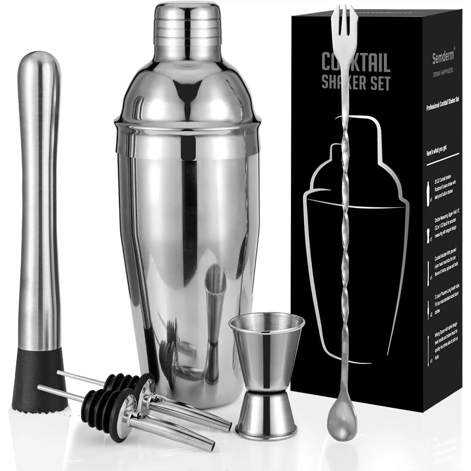 Set Shaker per Cocktail, Kit da Barman in Acciaio Inossidabile da 6 Pezzi con Muddler e Jigger - Antiruggine e Lavabile in Lavastoviglie, Idea Regalo