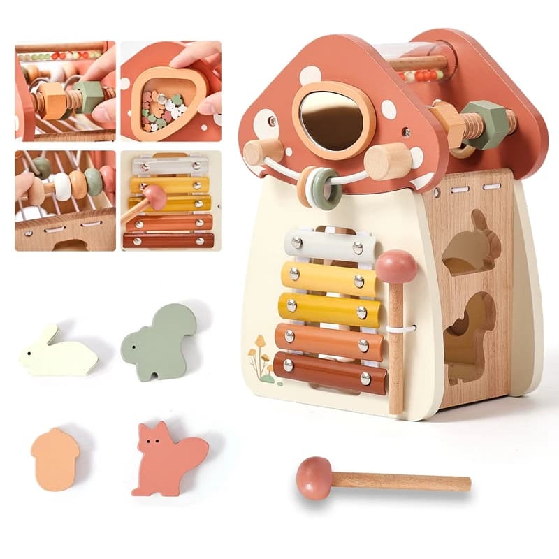 Giocattolo Montessori per bambini Castello di funghi cinque in uno in legno Impilabile Puzzle Giocattolo Case per bambini Blocchi Gioco educativo per la prima infanzia Regalo