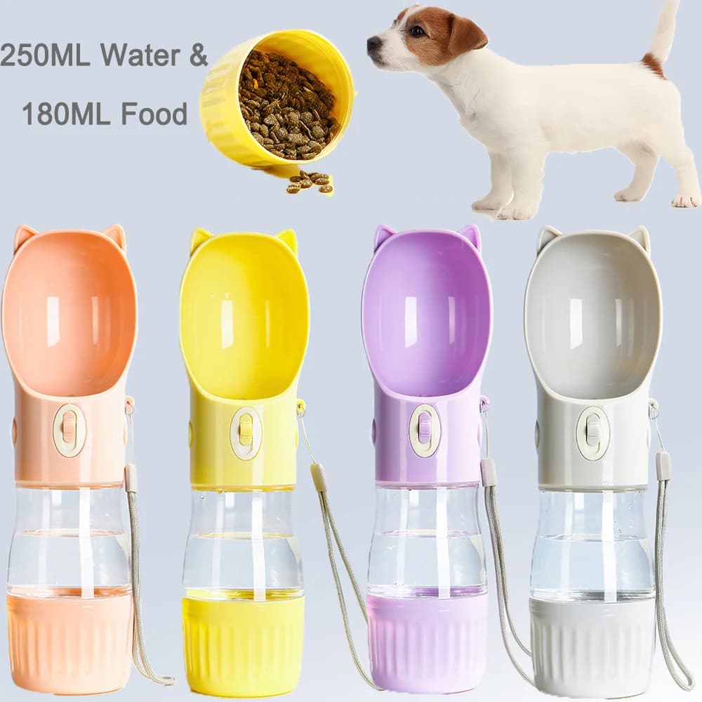2 in 1 bottiglia d'acqua portatile per cani PC plastica testa di gatto cucciolo ciotola per bevande per animali domestici ciotola per acqua di alimentazione da 250 ml contenitore per alimenti da 180 ml