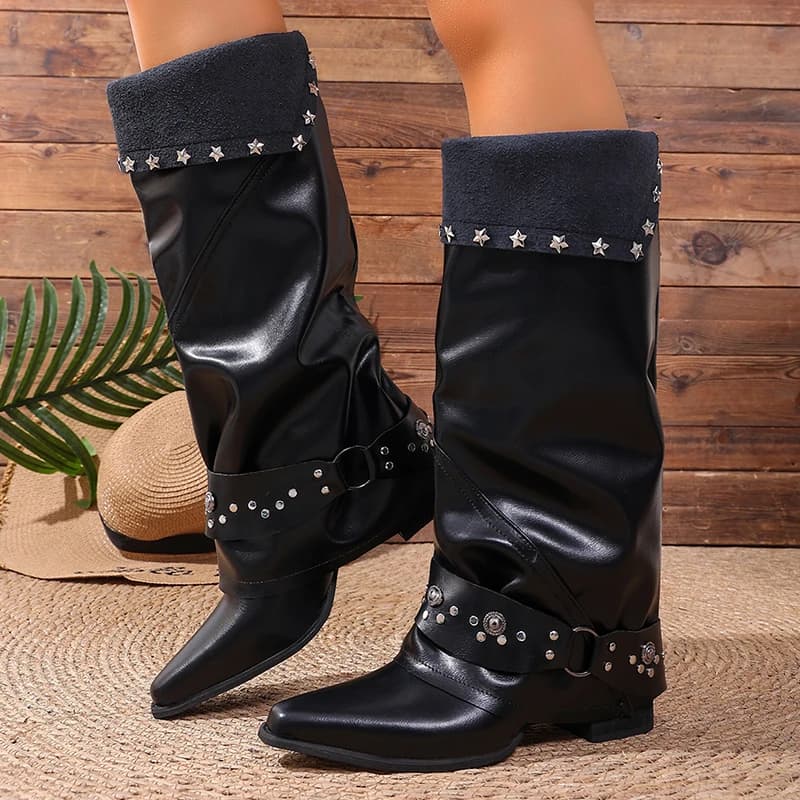 Punk Star Decor Black Pu Leather Knee High Boots Women 2026 Autumn Pointed Toe Block Heel Long Boots Woman Pleated Slouchy Botas