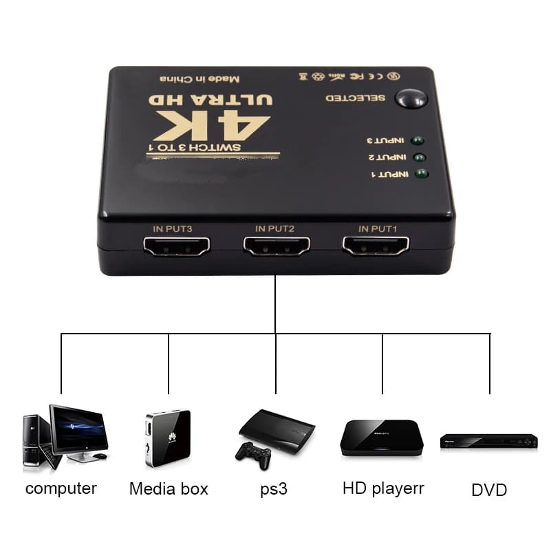 3 ports 4K * 2K 1080P Switcher HDMI compatible Switch 3 keys Splitter Video Box Ultra HD for HDTV Xbox PS3 Multimedia