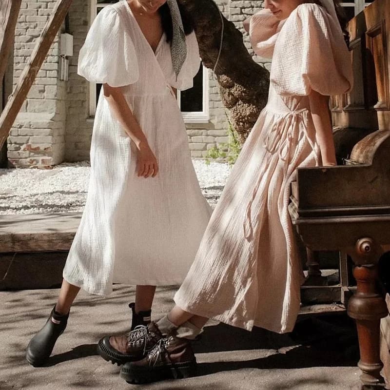 Women's Dress Cotton 100% Vintage Dress in Crêpe Garment with V Neckline Sleeveless Embossed Sleeve With Laces Elegant White Dress Maxi Long Dress