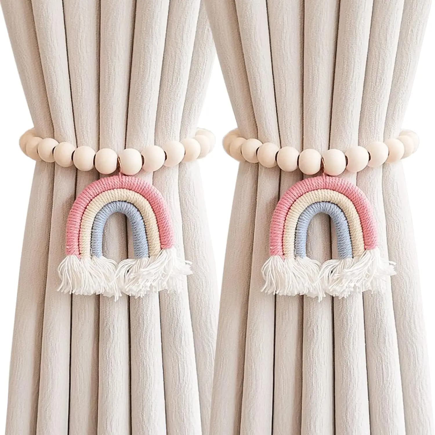 2 pieces for curtains with wooden beads, curtain buckles with tassels magnetic buckles for curtains, curtain clips with pink rainbow tassel
