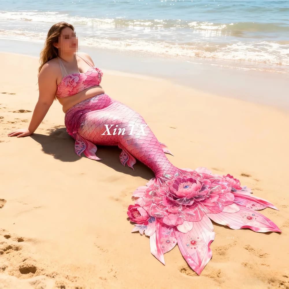 Mermaid Costume with Peon Flower for Women Plus-Size, for Swimming in Aquarium, Beach, Photography and Performance on the Ball, New HD