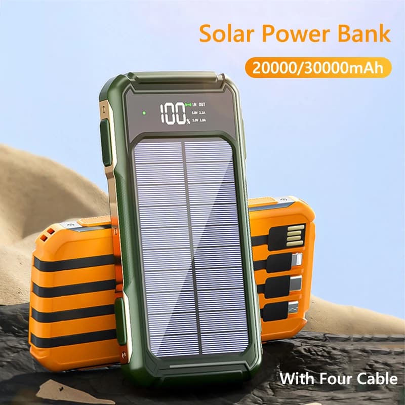 Solar Power Bank 20000mAh con 4 cavi Powerbank di ricarica solare portatile digitale per iPhone 16 X Samsung Huawei Xiaomi Poverbank