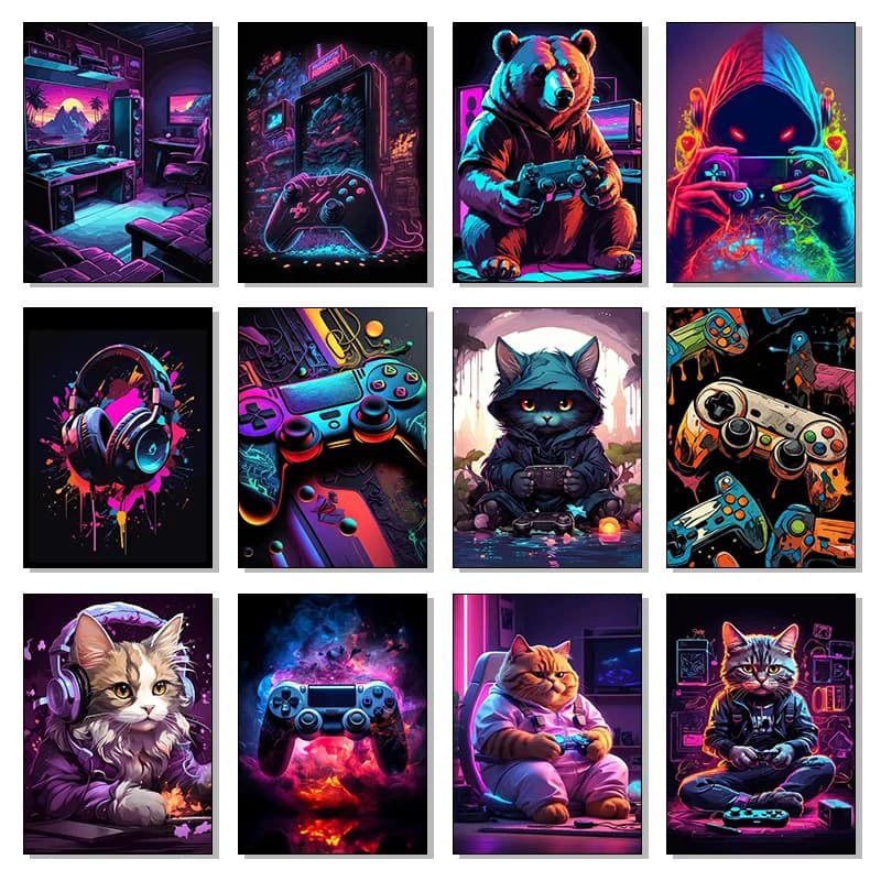 Colorful neon game console Cats Poster Canvas Painting Graffiti Game Wall Art Gamer Bedroom Home Decorations