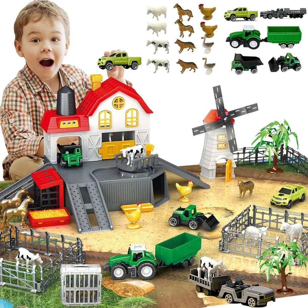 Farm Animals Toys for Toddlers Barn Farm Playset with Animals Figures Tractor for Kids Educational Learning Toys Christmas Gifts