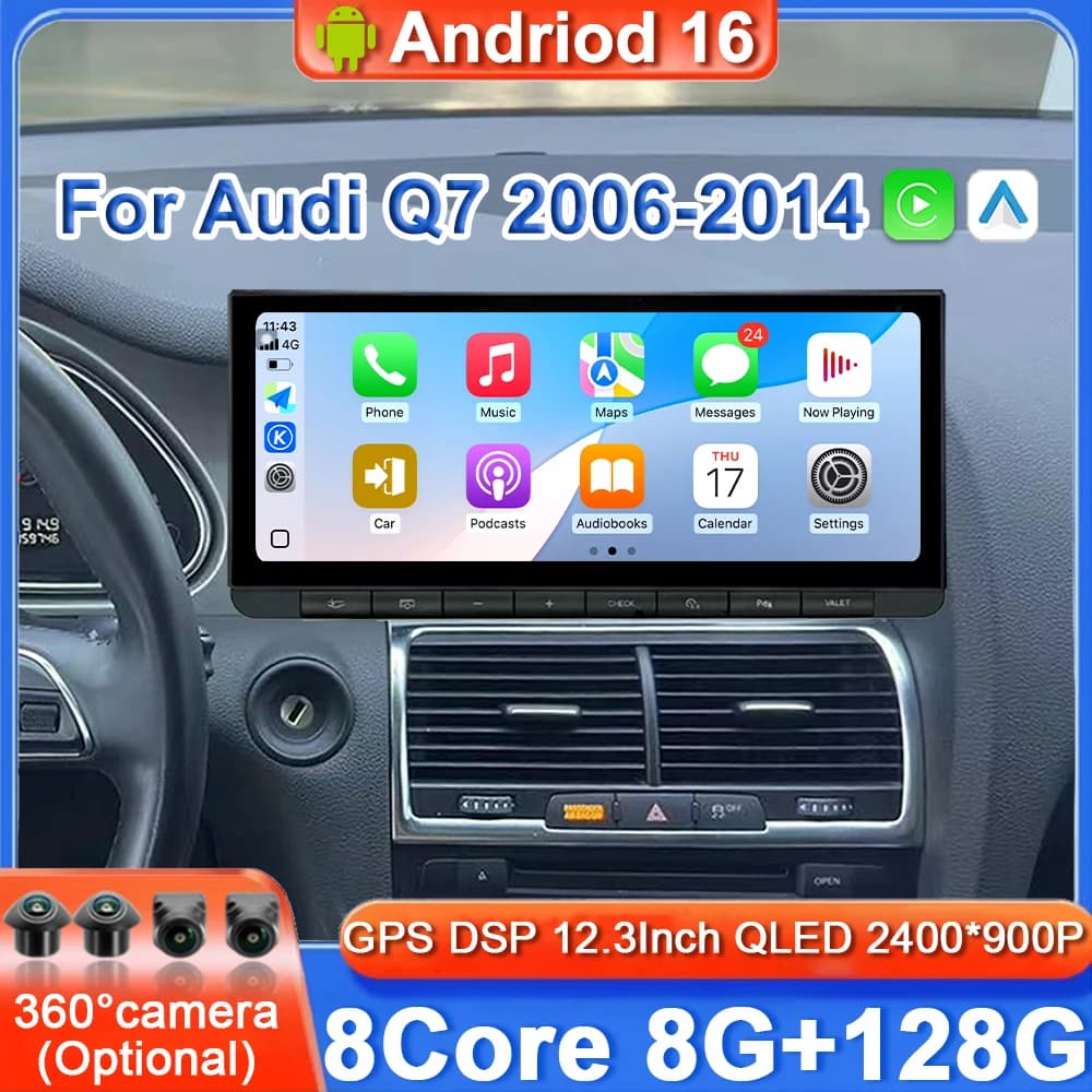 Autoradio Android 15 with CarPlay Wireless for Audi Q7 4L 2006-2016 MMI 2G MMI 3G GPS Navigation Multimedia Reader Auto Stereo DSP BT