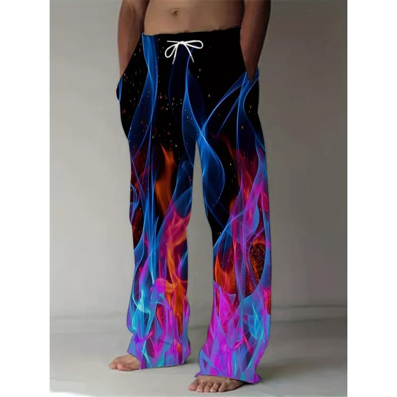 Pantaloni da uomo con coulisse, rilassati, comodi, con motivo a fiamma, stampa 3D, pantaloni larghi, vita elastica, casual, estivi, da indossare ogni giorno