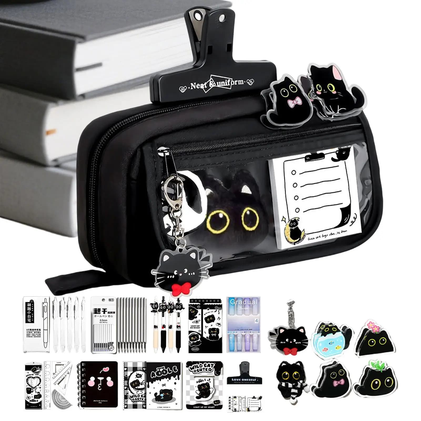 Cat Pencil Case Large Capacity Cartoon Zipper Black Stationery Set Pencil Case Set For Erasers Rulers Small Items Notes